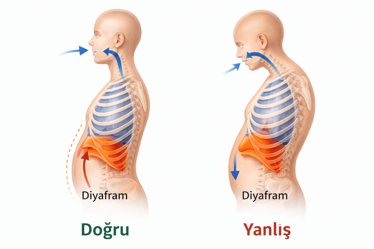 Şarkı söylerken doğru ve yanlış diyafram nefesi duruşunu gösteren karşılaştırmalı görsel Şarkı söylerken doğru ve yanlış diyafram nefesi duruşunu gösteren karşılaştırmalı görsel