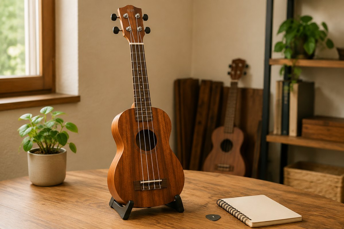 Dört telli ukulele ve çalışma defteri; temsili eğitim görseli
